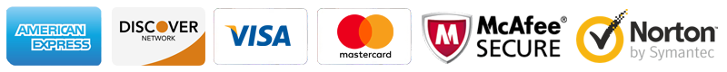 Logos of American Express, Discover, Visa, MasterCard, McAfee, and Norton displayed.